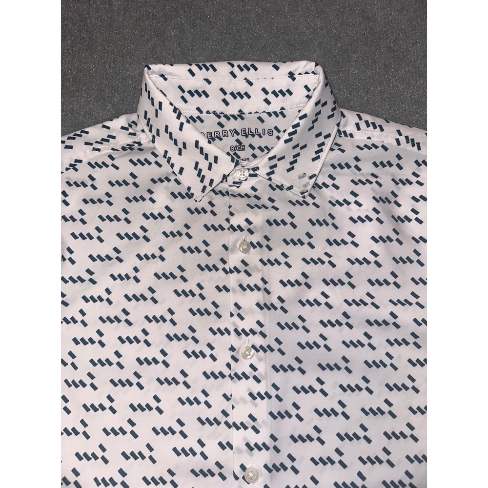 Perry Ellis‎ Mens Small White Navy Blue Geometric Dash Print Short Sleeve Shirt